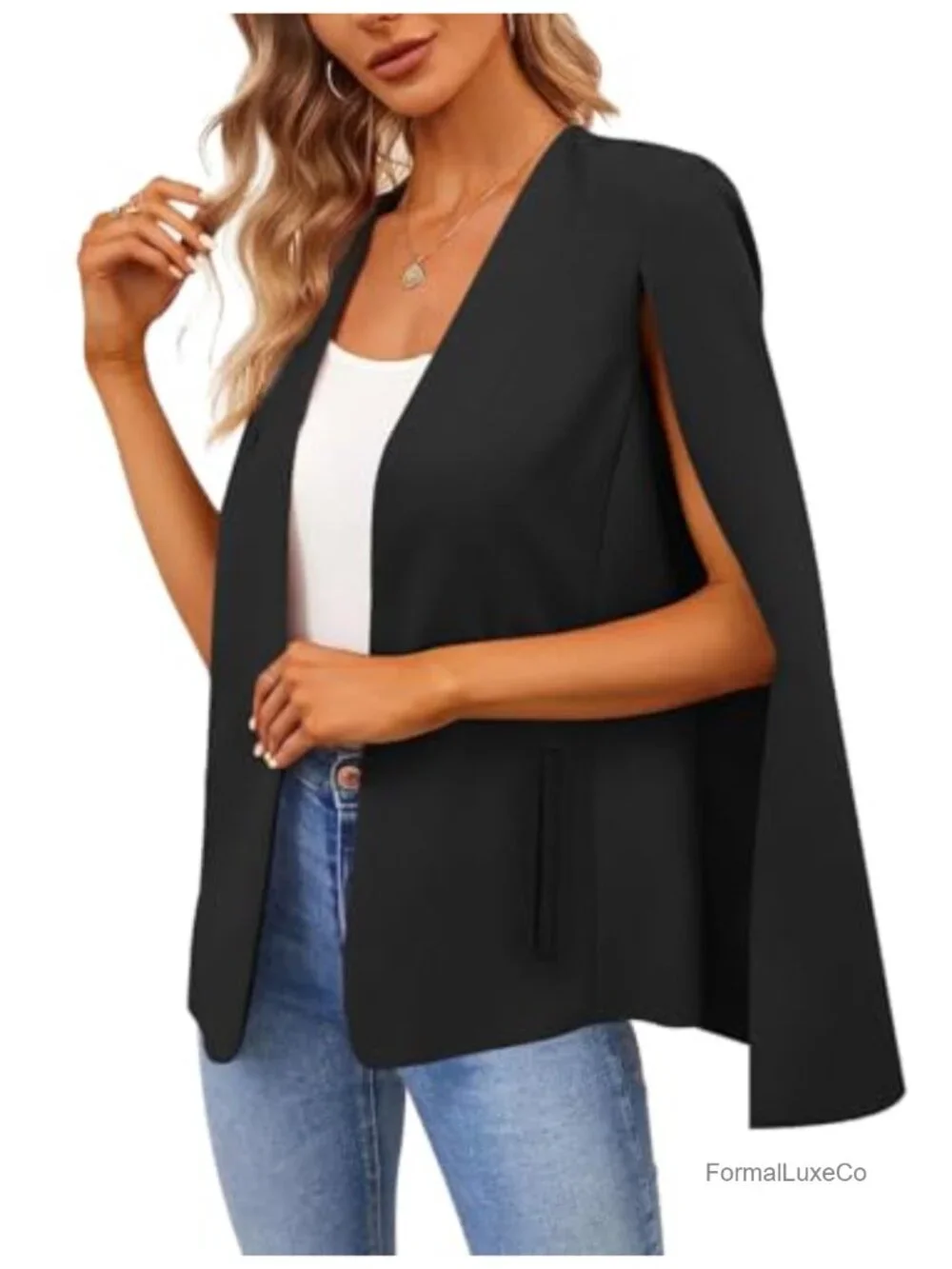 Open Front Cape Blazer with Split Sleeves, Casual Business Suit Jacket